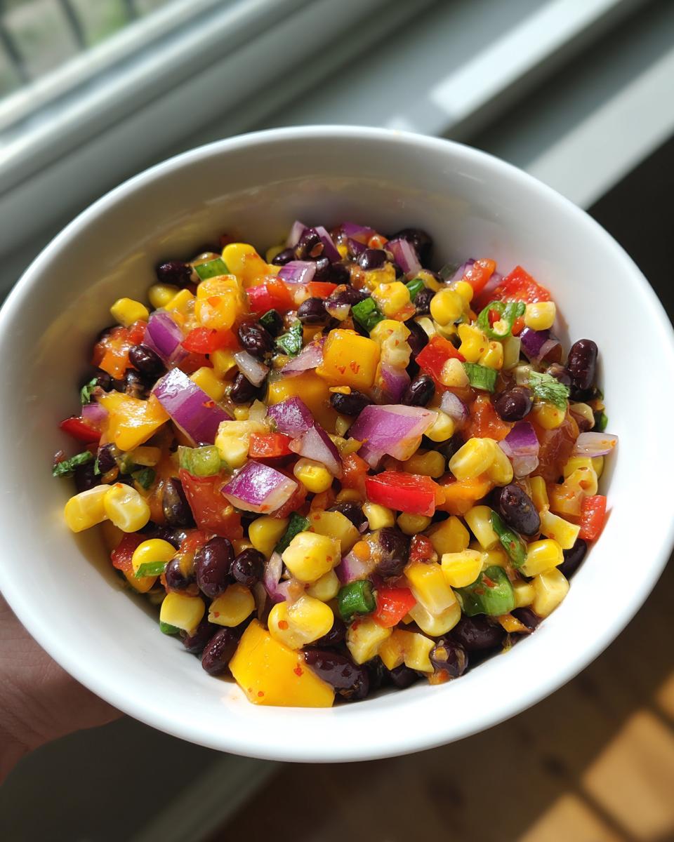 Close-up of a vibrant Mango Black Bean Picnic Salad in a white bowl, featuring corn, red onion, bell pepper, and cilantro.