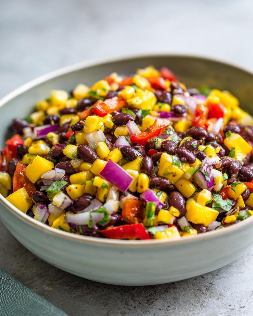 A vibrant bowl of Mango Black Bean Picnic Salad, featuring corn, black beans, red bell peppers, red onion, and cilantro.