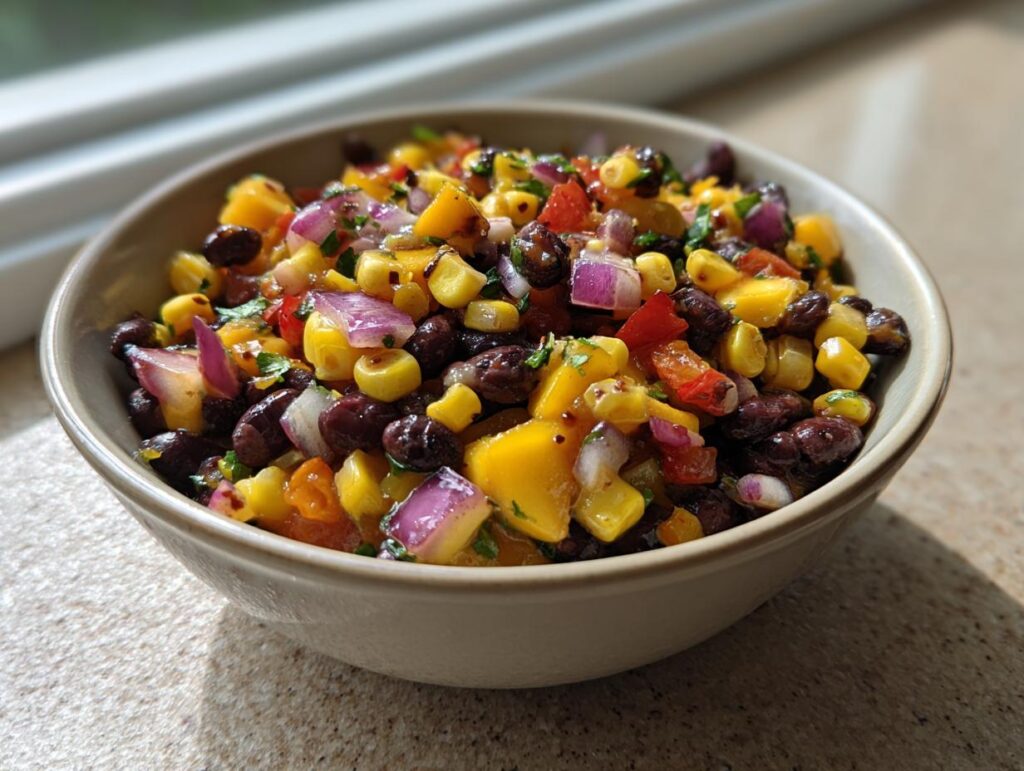 A refreshing bowl of Mango Black Bean Picnic Salad, featuring colorful ingredients like mango, black beans, corn, and red onion.