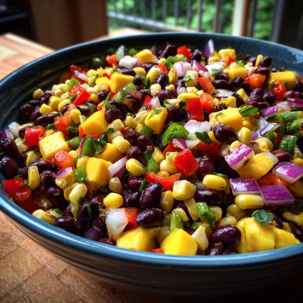 A close-up of a vibrant Mango Black Bean Picnic Salad in a blue bowl, featuring fresh corn, black beans, mango, red onion, and bell peppers.