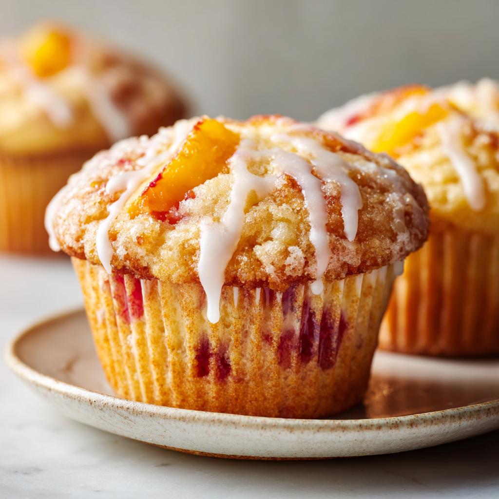 Close-up of a moist peach muffin topped with vanilla glaze and fresh peach slices.