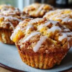 Close-up of moist peach muffins topped with vanilla glaze and streusel.