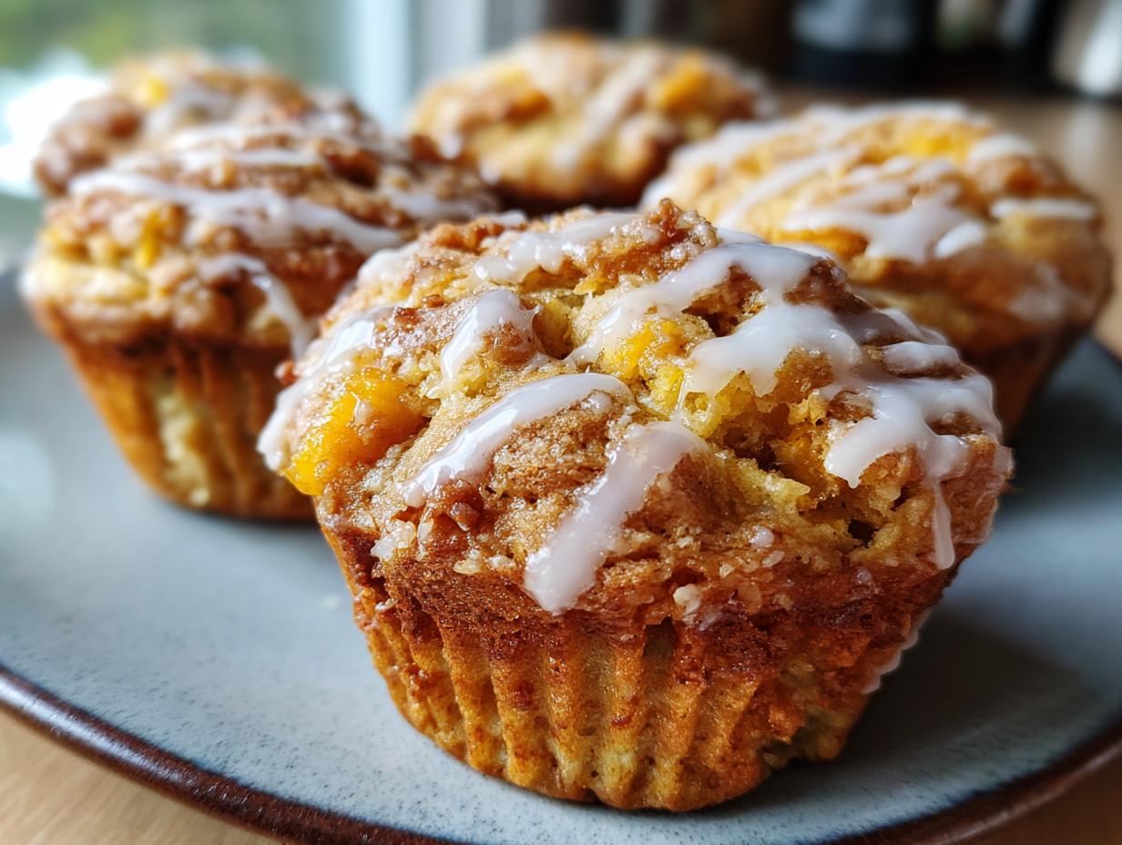 Close-up of moist peach muffins topped with vanilla glaze and streusel.