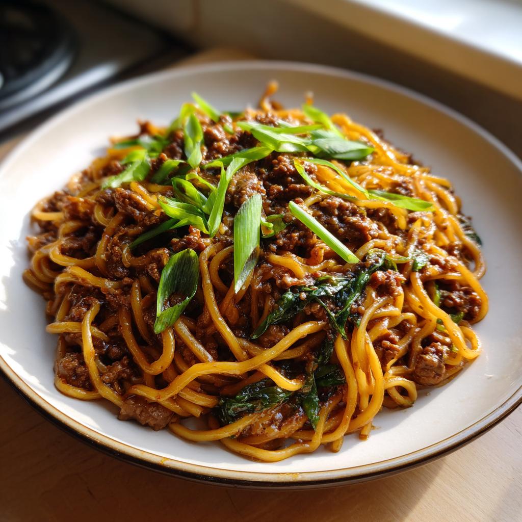 A close-up of a plate piled high with Mongolian Ground Beef Noodles, garnished with fresh green onions.