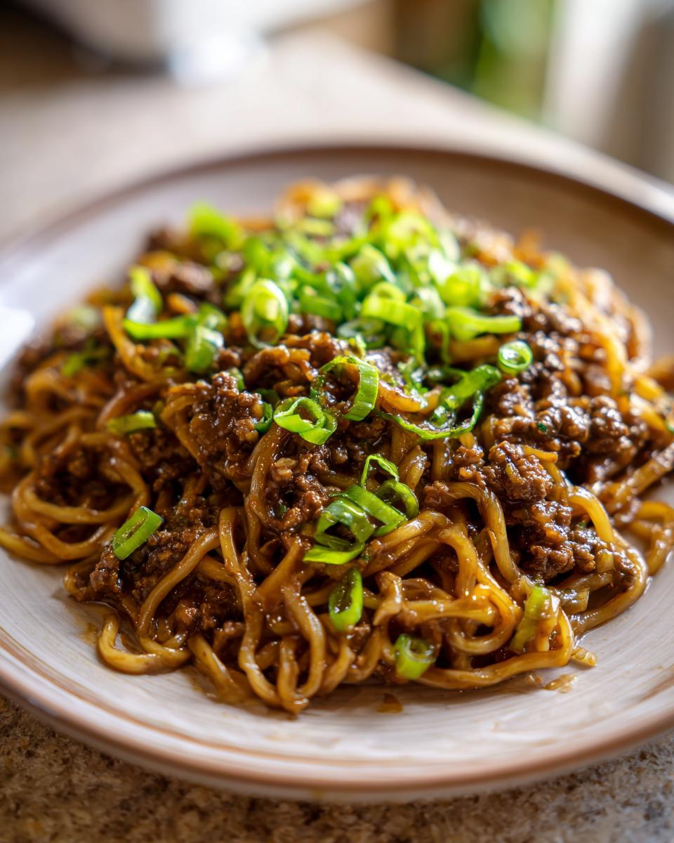 A close-up of Mongolian Ground Beef Noodles, topped with fresh green onions, served on a plate.
