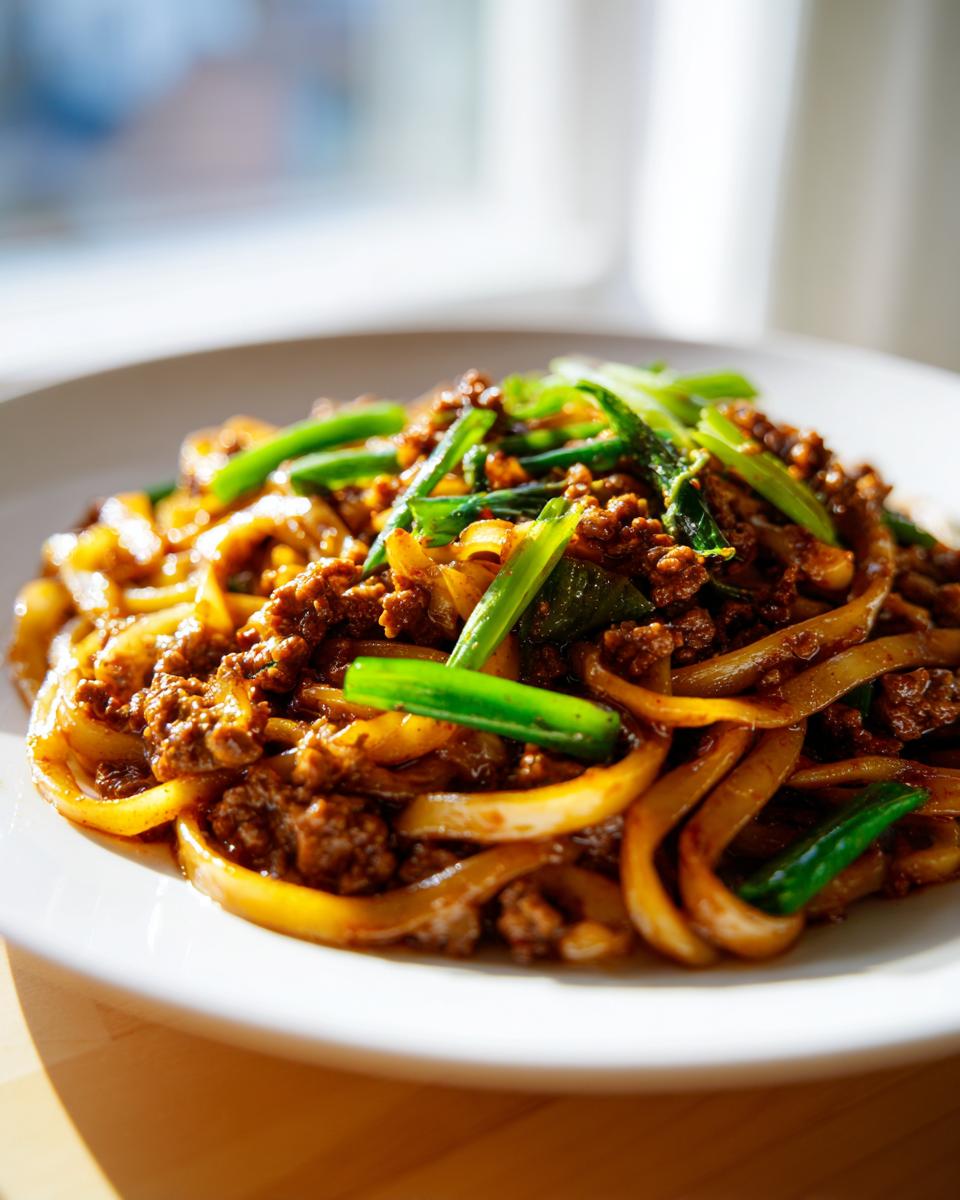 A close-up of a plate of Mongolian Ground Beef Noodles, featuring savory ground beef and thick noodles with green onions.