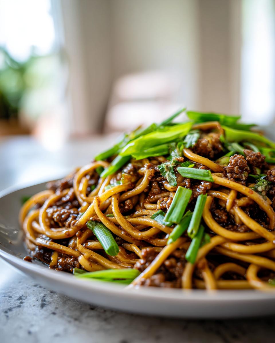 Close-up of a plate piled high with Mongolian Ground Beef Noodles, garnished with fresh green onions.