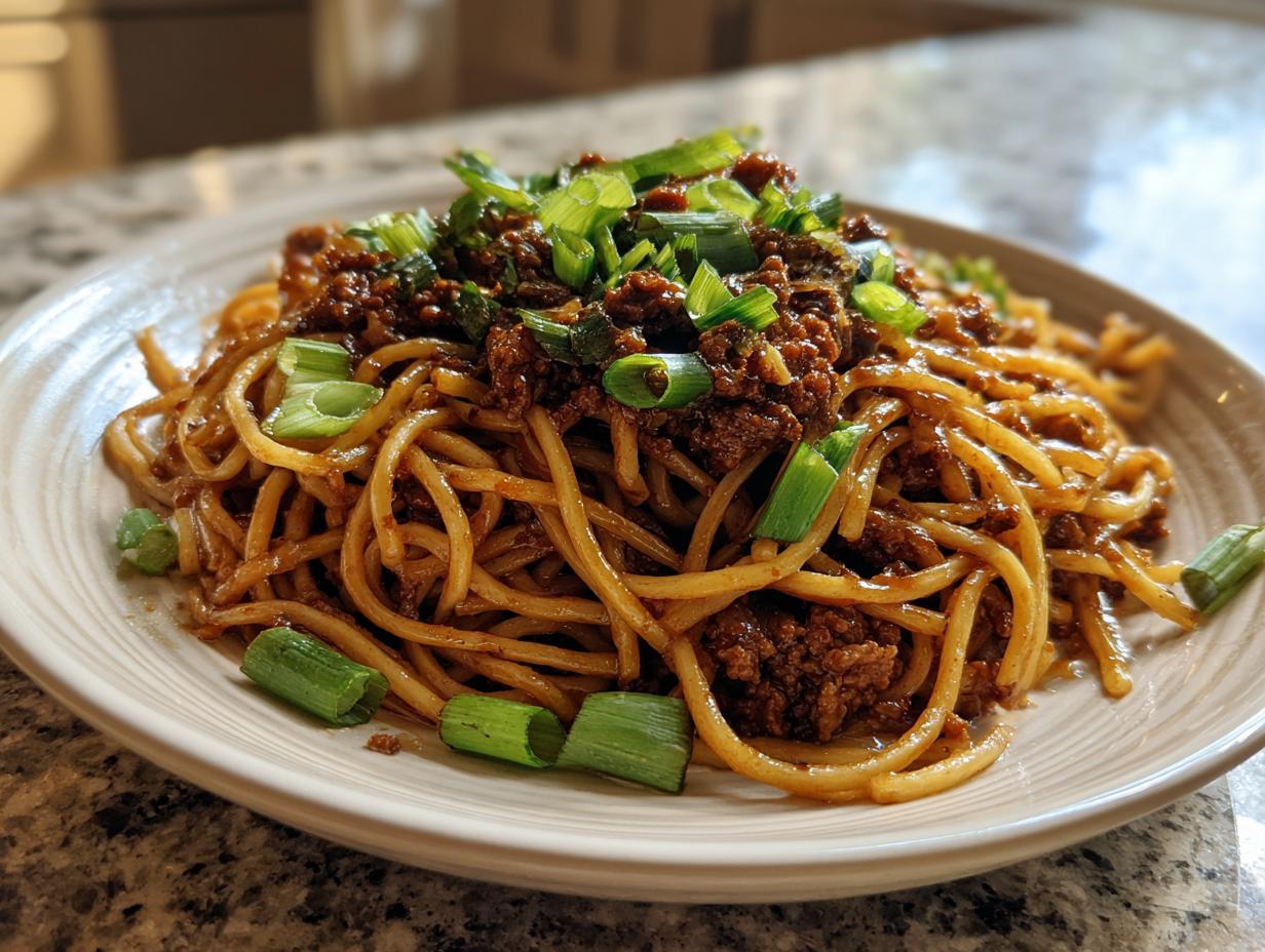 A plate of Mongolian Ground Beef Noodles, topped with chopped green onions.