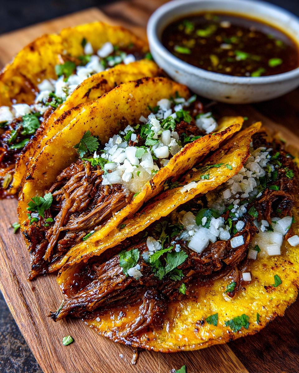 Close-up of My Fave Birria Tacos, filled with shredded beef and topped with onions and cilantro, served with a side of consommé.