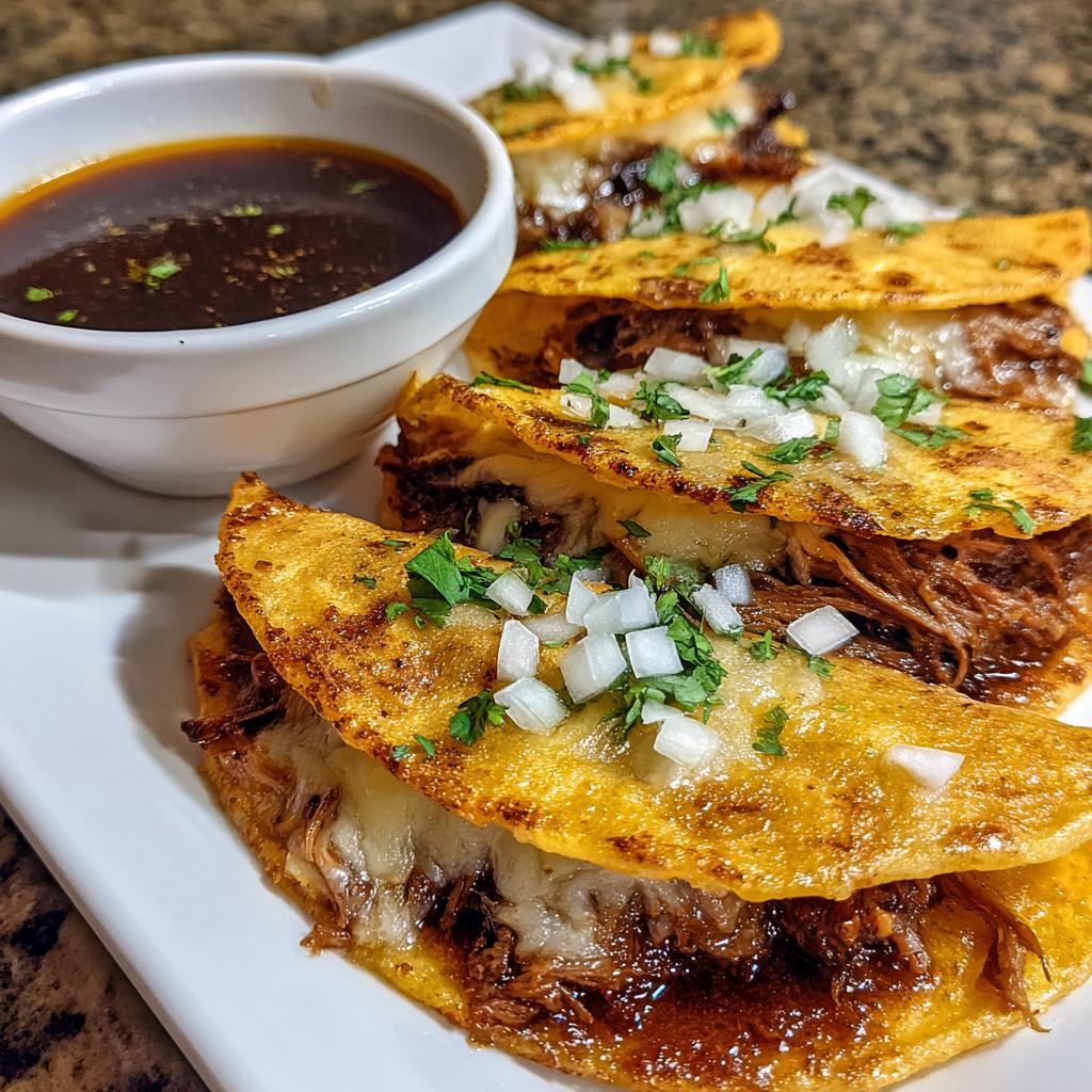 A plate of crispy My Fave Birria Tacos filled with shredded meat and cheese, served with a side of consommé.