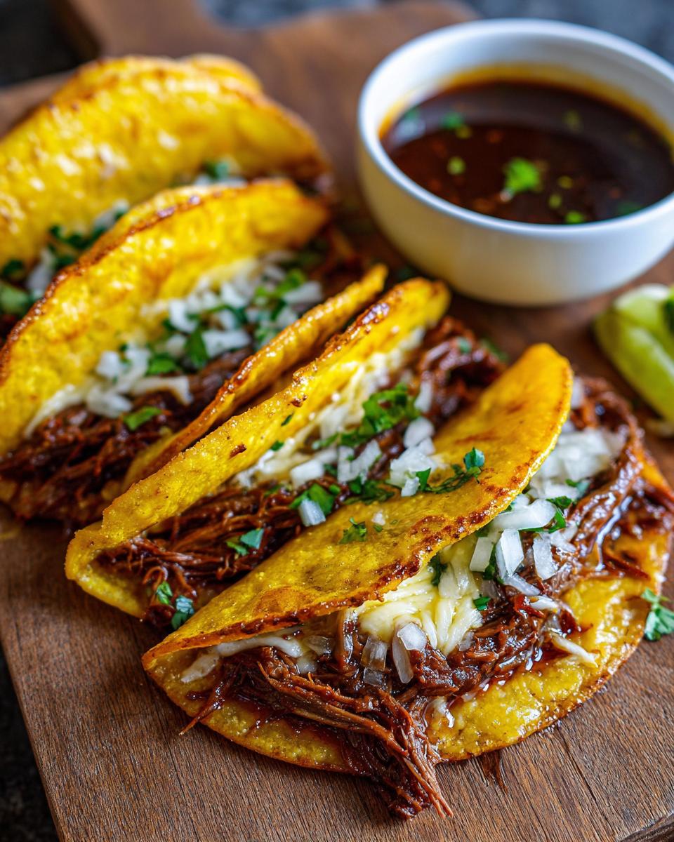 Close-up of My Fave Birria Tacos filled with shredded beef and cheese, served with a side of consommé.