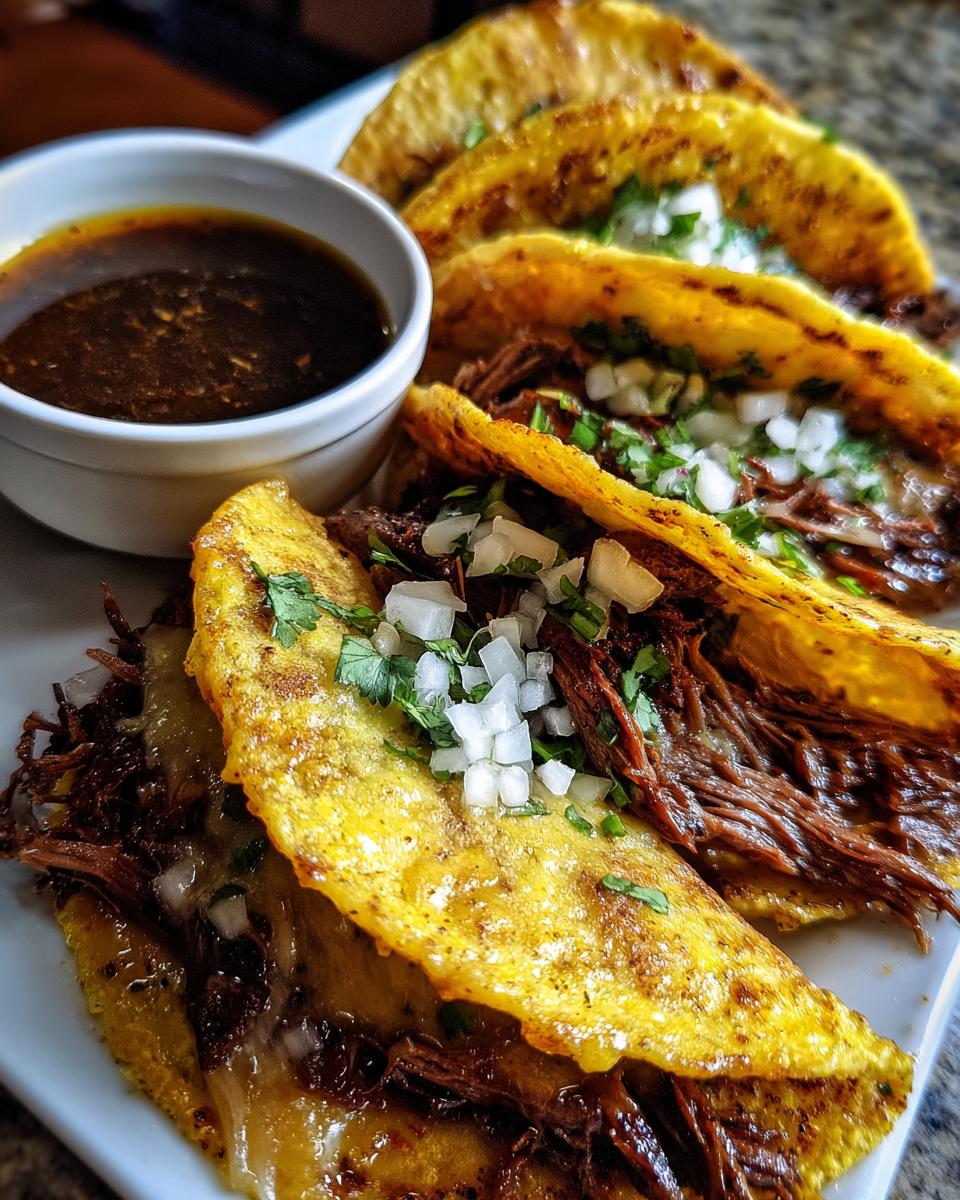 A plate of My Fave Birria Tacos filled with shredded beef and cheese, served with a side of consommé.