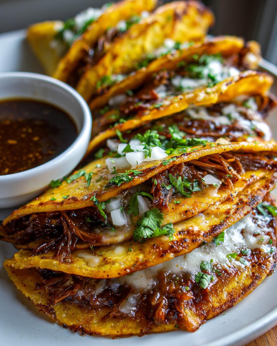 Close-up of My Fave Birria Tacos stacked on a plate with a side of consommé for dipping.