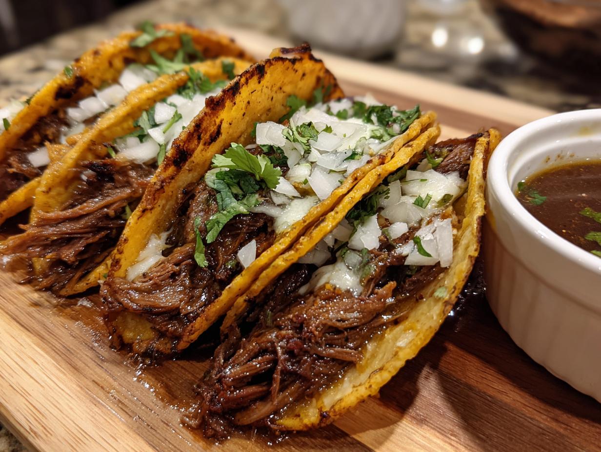 A close-up of My Fave Birria Tacos, filled with shredded meat and topped with onions and cilantro, served with a side of consommé.