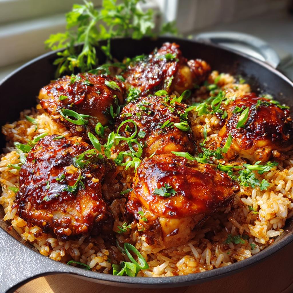 Close-up of a skillet filled with One-Pan Honey BBQ Chicken Rice, topped with chopped green onions and parsley.