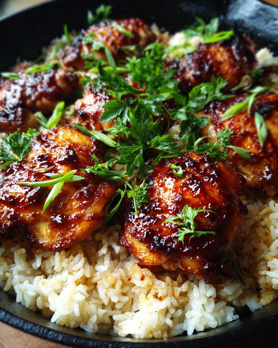 Close-up of a one-pan honey BBQ chicken rice dish, featuring glazed chicken thighs over fluffy rice, garnished with fresh herbs.