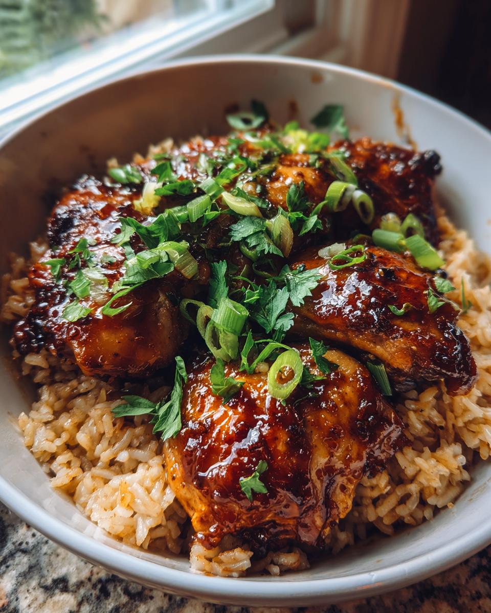 A close-up of a bowl filled with fluffy rice and glazed chicken pieces, garnished with fresh parsley and green onions. This is our One-Pan Honey BBQ Chicken Rice.