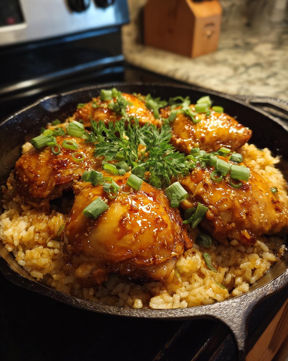 A close-up of a cast iron skillet filled with One-Pan Honey BBQ Chicken Rice, topped with chicken thighs and green onions.