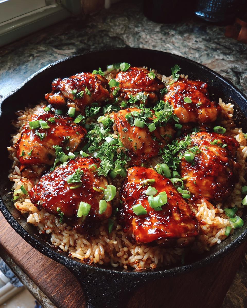 A close-up of a cast iron skillet filled with One-Pan Honey BBQ Chicken Rice, topped with chopped green onions and parsley.