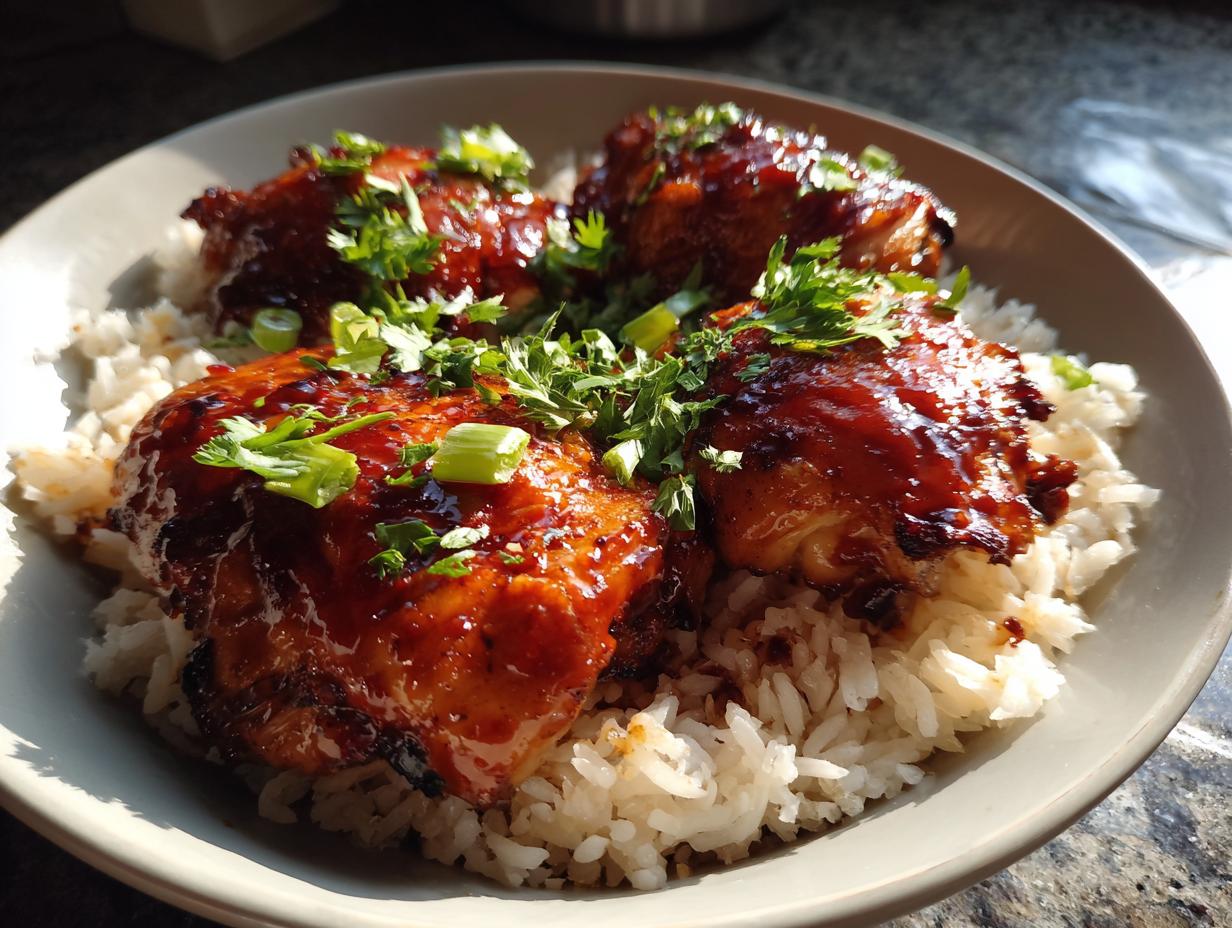 A bowl of fluffy white rice topped with four glazed chicken pieces, garnished with fresh cilantro and green onions. This is the One-Pan Honey BBQ Chicken Rice.