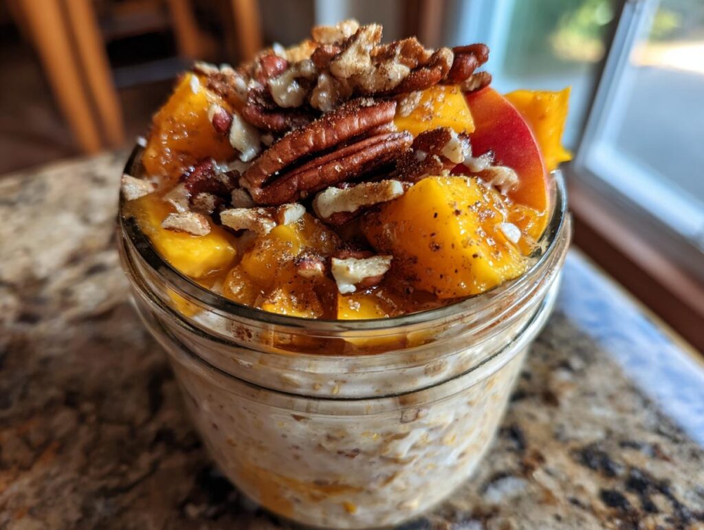 Overnight oats in a jar topped with diced peaches, pecans, and a sprinkle of cinnamon.