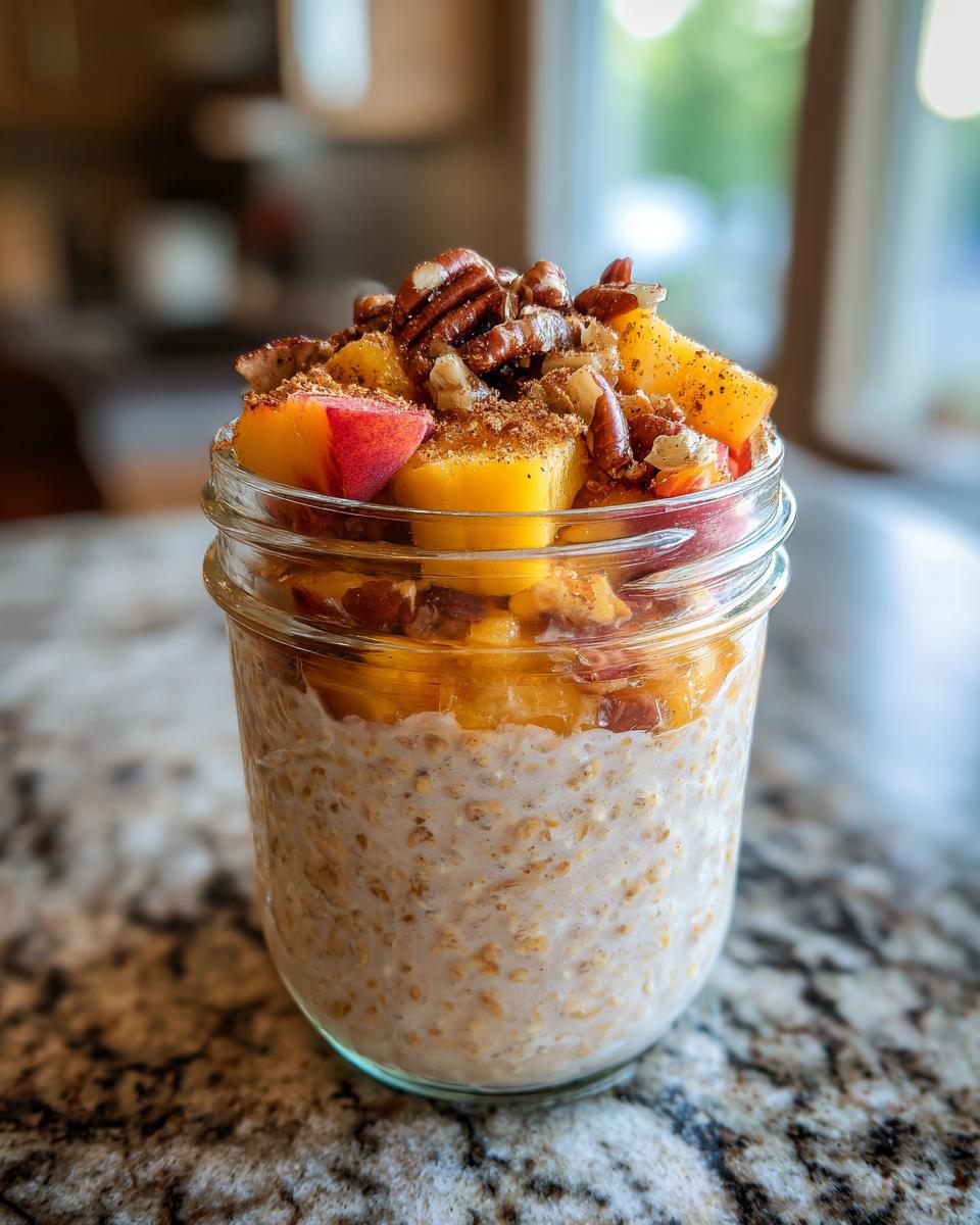 Overnight oats in a jar topped with fresh peaches, pecans, and a sprinkle of cinnamon.