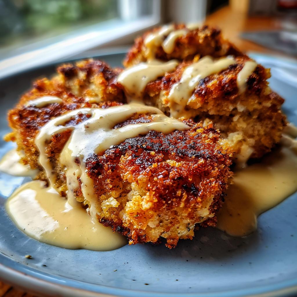 Close-up of golden-brown Parmesan Crusted Chicken topped with creamy garlic sauce on a blue plate.
