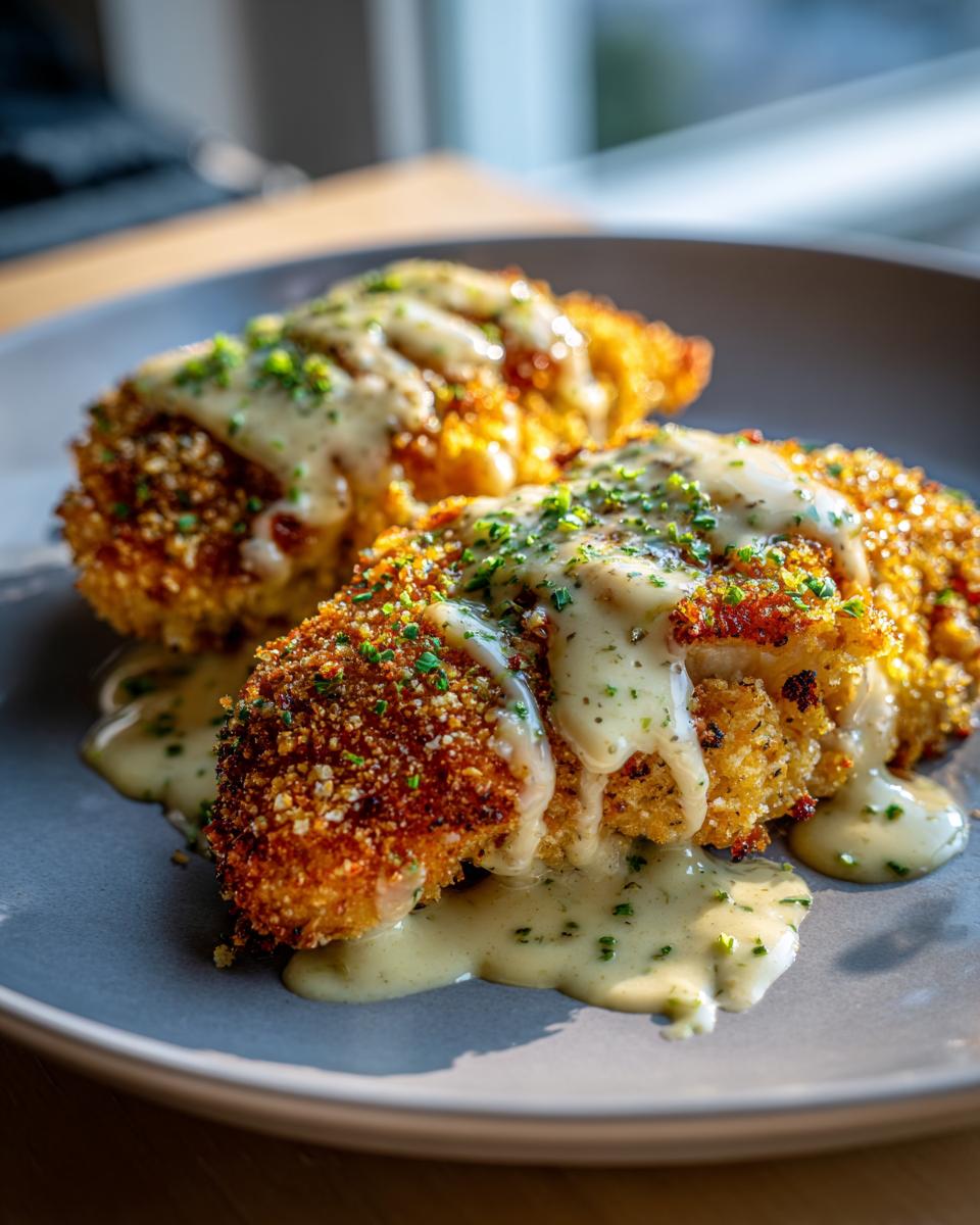 Two pieces of golden Parmesan Crusted Chicken topped with creamy garlic sauce and chopped herbs.