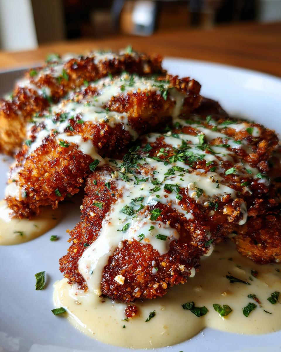 Golden brown Parmesan Crusted Chicken pieces drizzled with creamy garlic sauce and sprinkled with parsley.