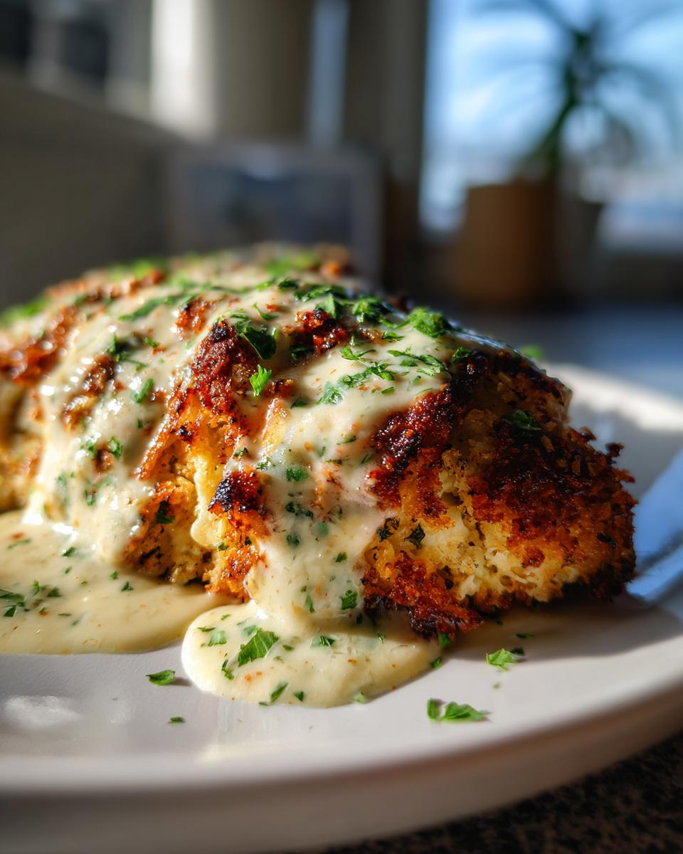 A close-up of Parmesan Crusted Chicken with Creamy Garlic Sauce, garnished with fresh parsley.
