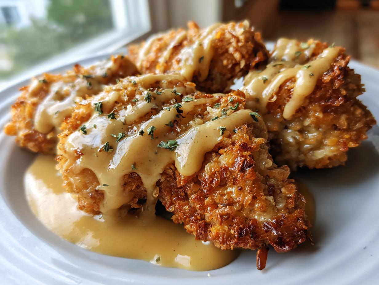 Close-up of golden Parmesan Crusted Chicken pieces drizzled with creamy garlic sauce and garnished with parsley.