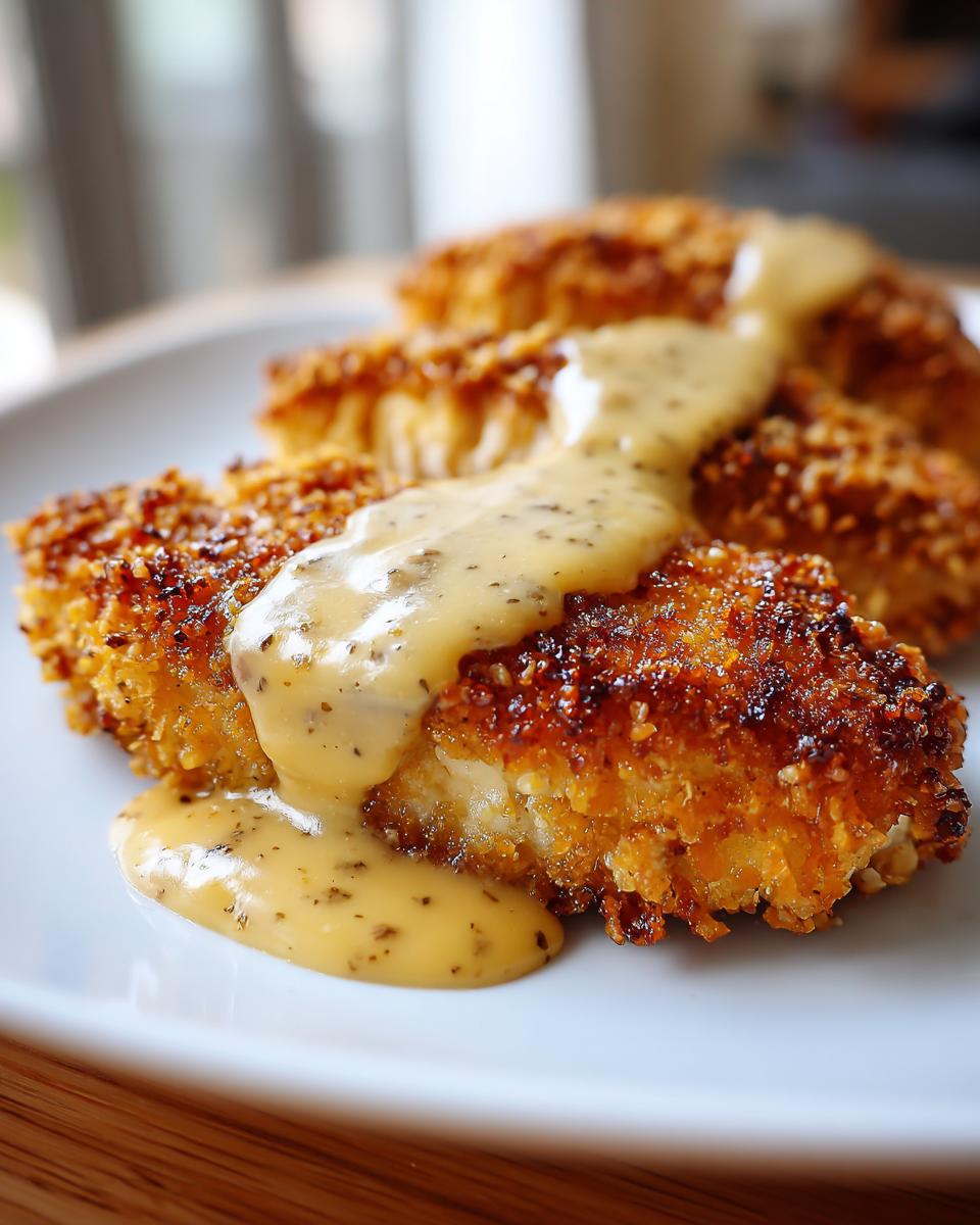 Close-up of golden Parmesan Crusted Chicken generously topped with creamy garlic sauce.