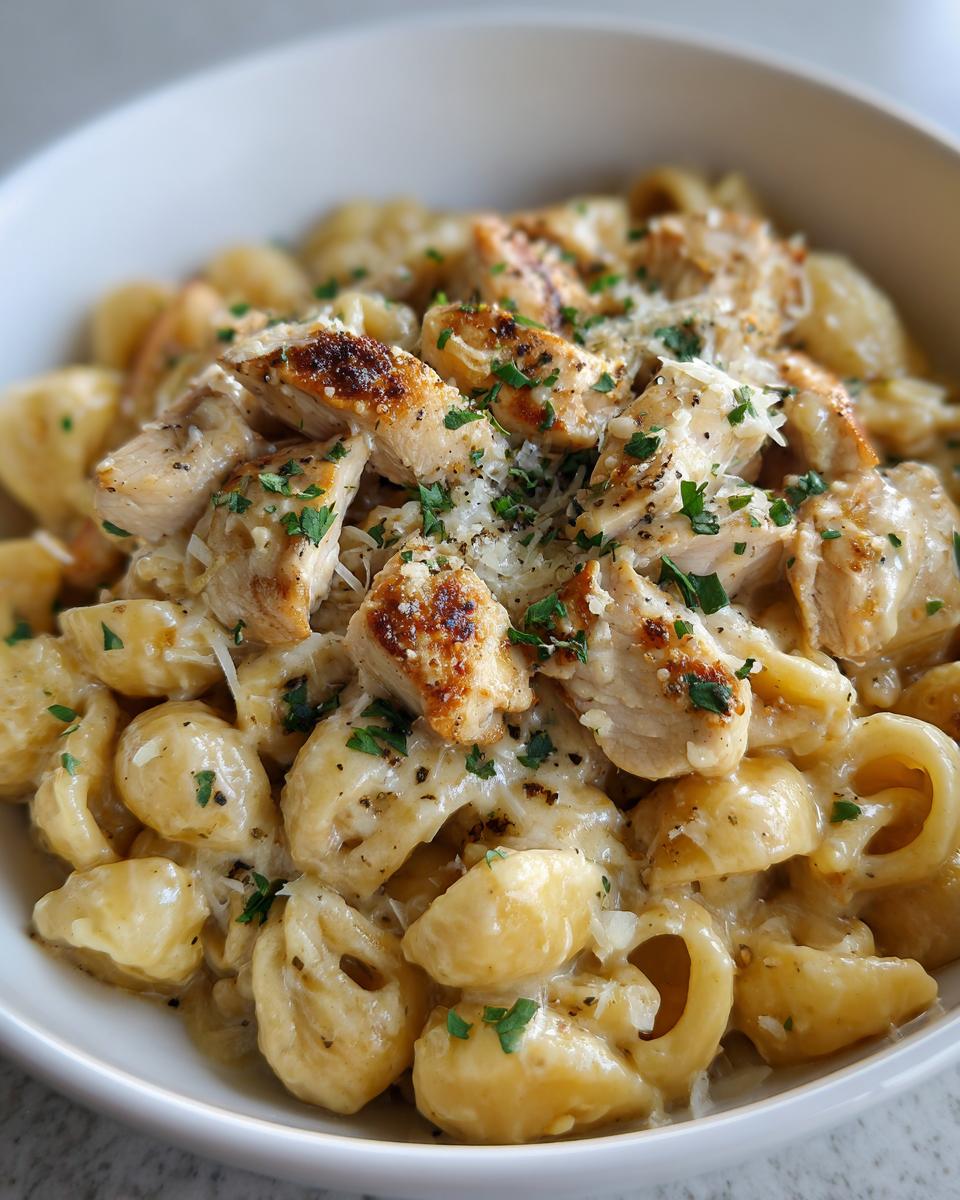 A bowl of creamy Parmesan Marry Me Chicken Pasta topped with grilled chicken pieces and fresh parsley.