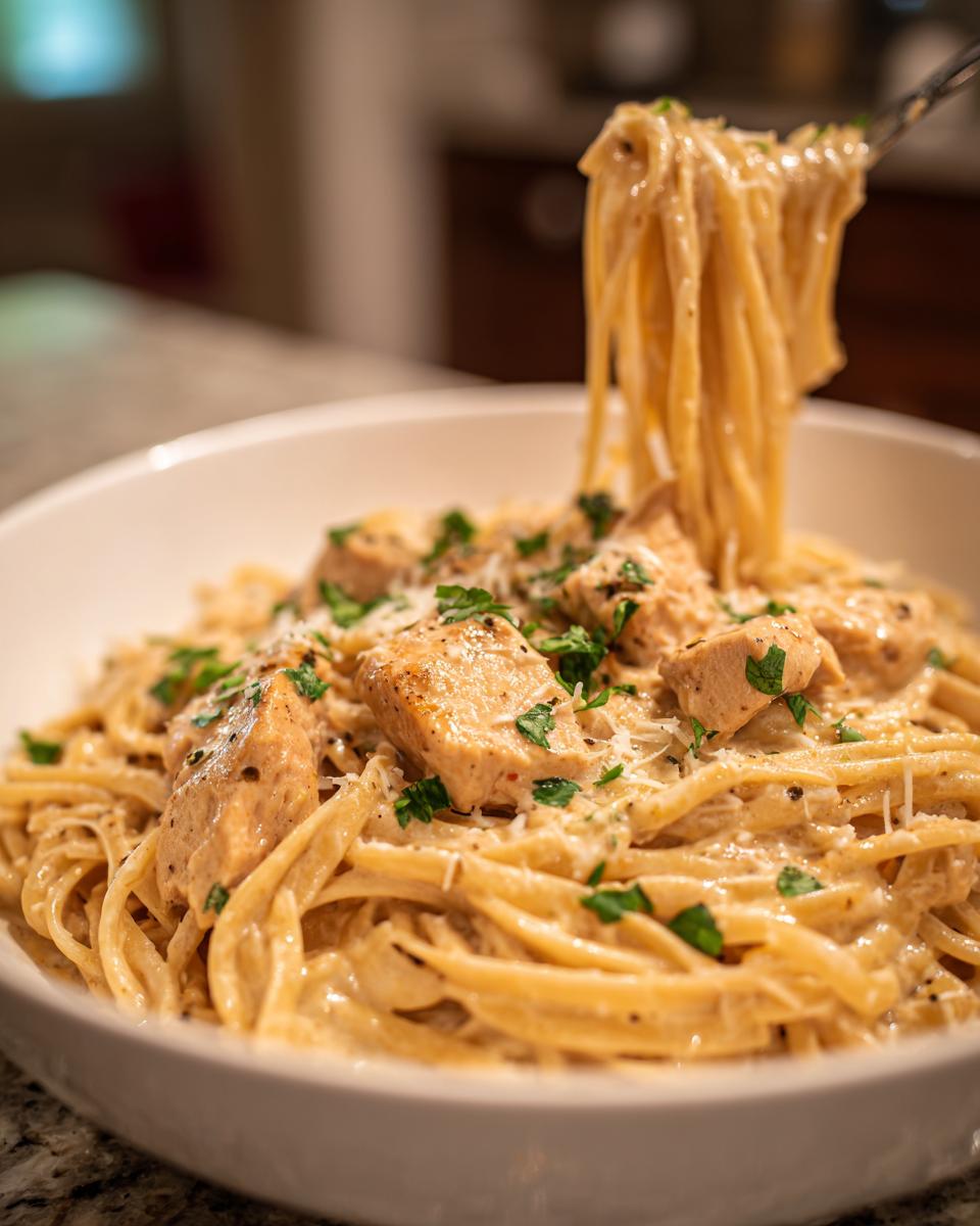 A close-up of creamy Parmesan Marry Me Chicken Pasta with tender chicken pieces and fresh parsley.