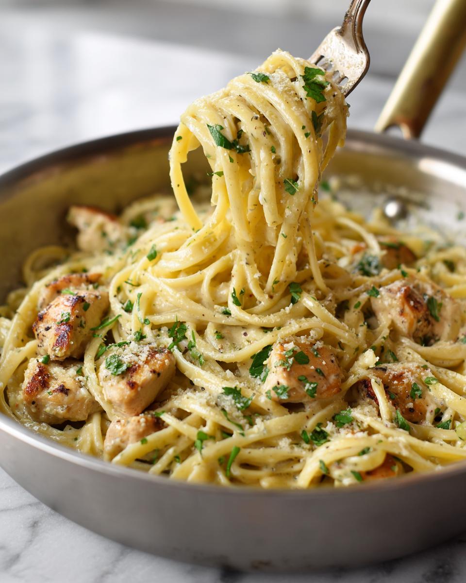 A fork lifting a swirl of creamy Parmesan Marry Me Chicken Pasta from a skillet, garnished with parsley and cheese.