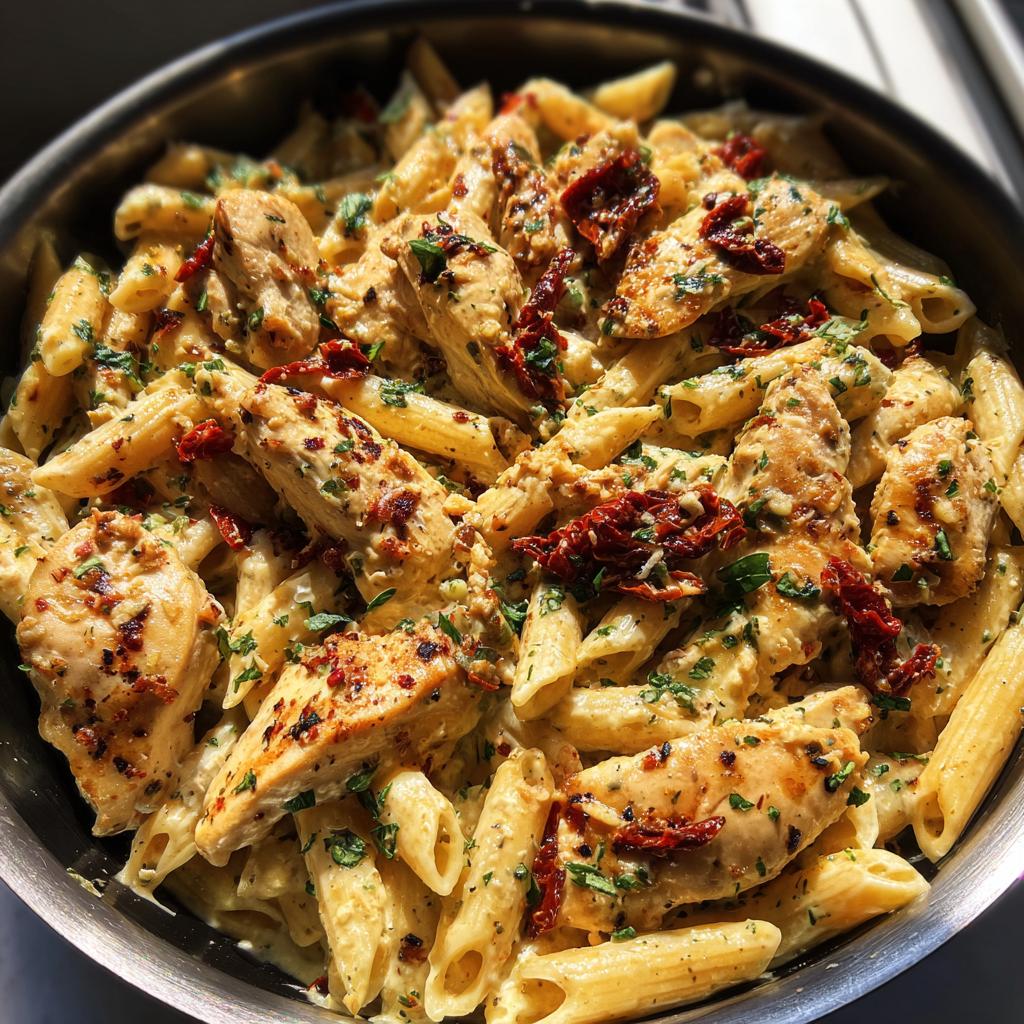 Close-up of creamy Parmesan Marry Me Chicken Pasta with penne, sliced chicken, and sun-dried tomatoes.