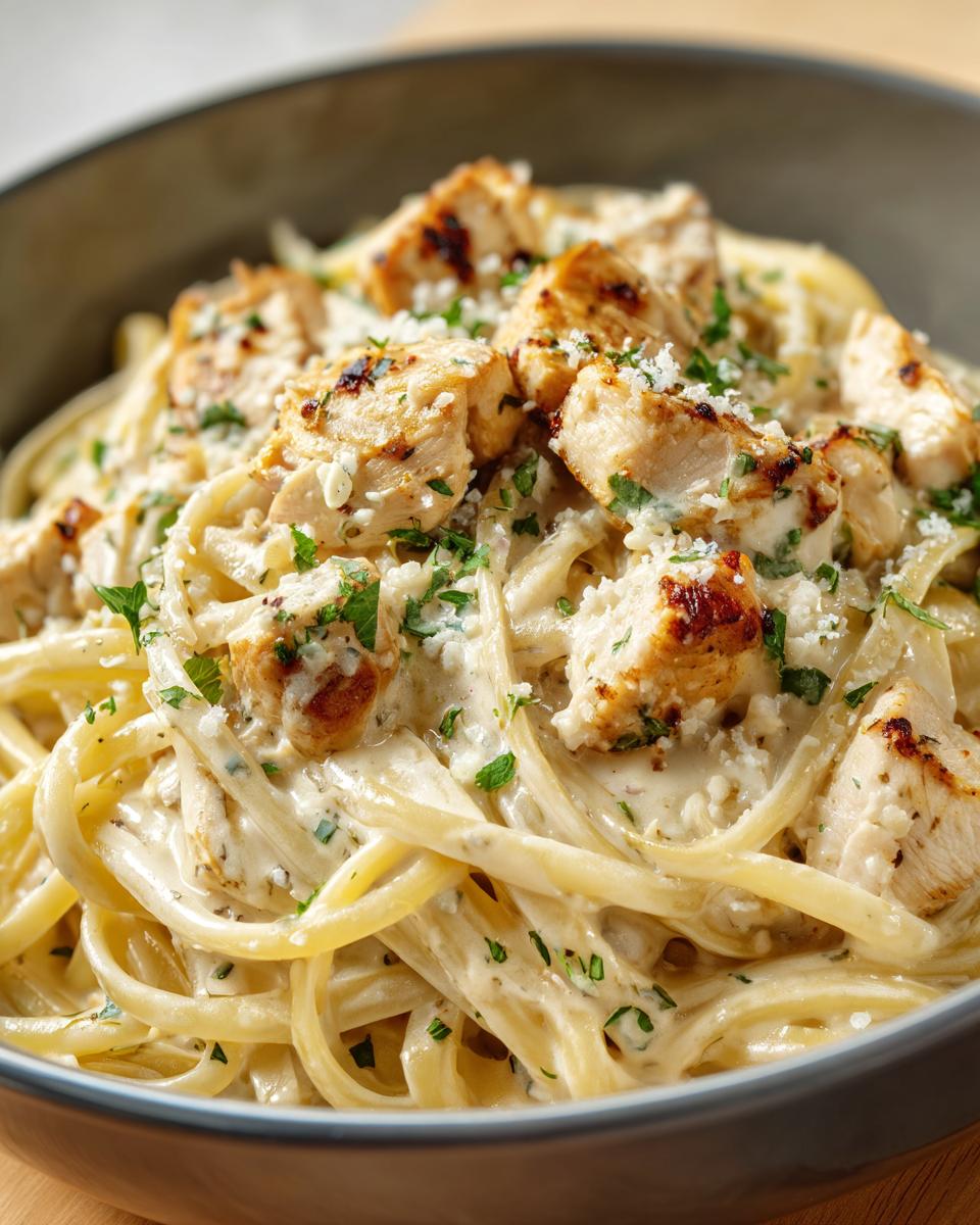 A close-up of creamy Parmesan Marry Me Chicken Pasta, topped with grilled chicken pieces and fresh parsley.