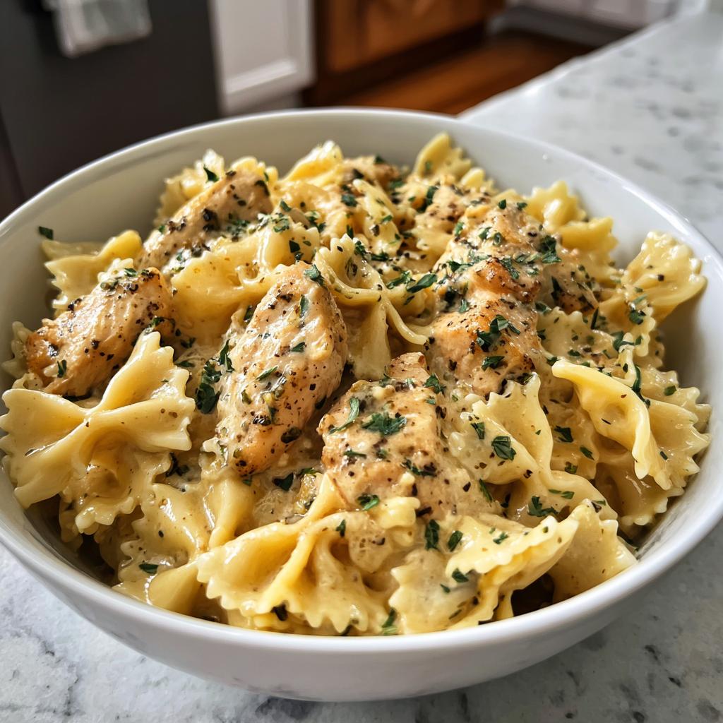 A close-up of creamy Parmesan Marry Me Chicken Pasta with bow-tie noodles and seasoned chicken pieces, garnished with parsley.