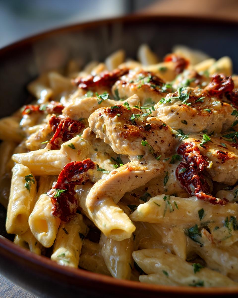 A close-up shot of creamy Parmesan Marry Me Chicken Pasta with penne, tender chicken pieces, and sun-dried tomatoes.