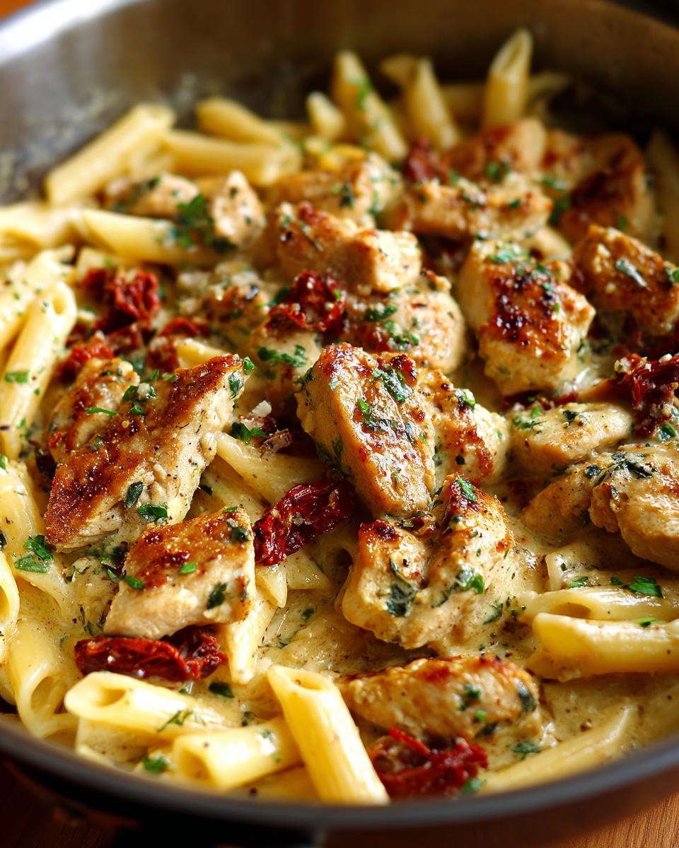 Close-up of creamy Parmesan Marry Me Chicken Pasta with penne, seared chicken, and sun-dried tomatoes.