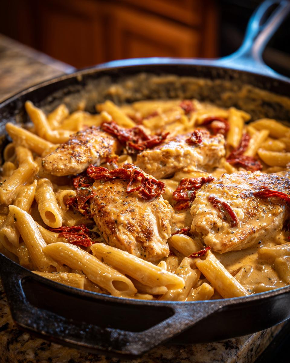 Close-up of creamy Parmesan Marry Me Chicken Pasta with penne and sun-dried tomatoes in a cast iron skillet.