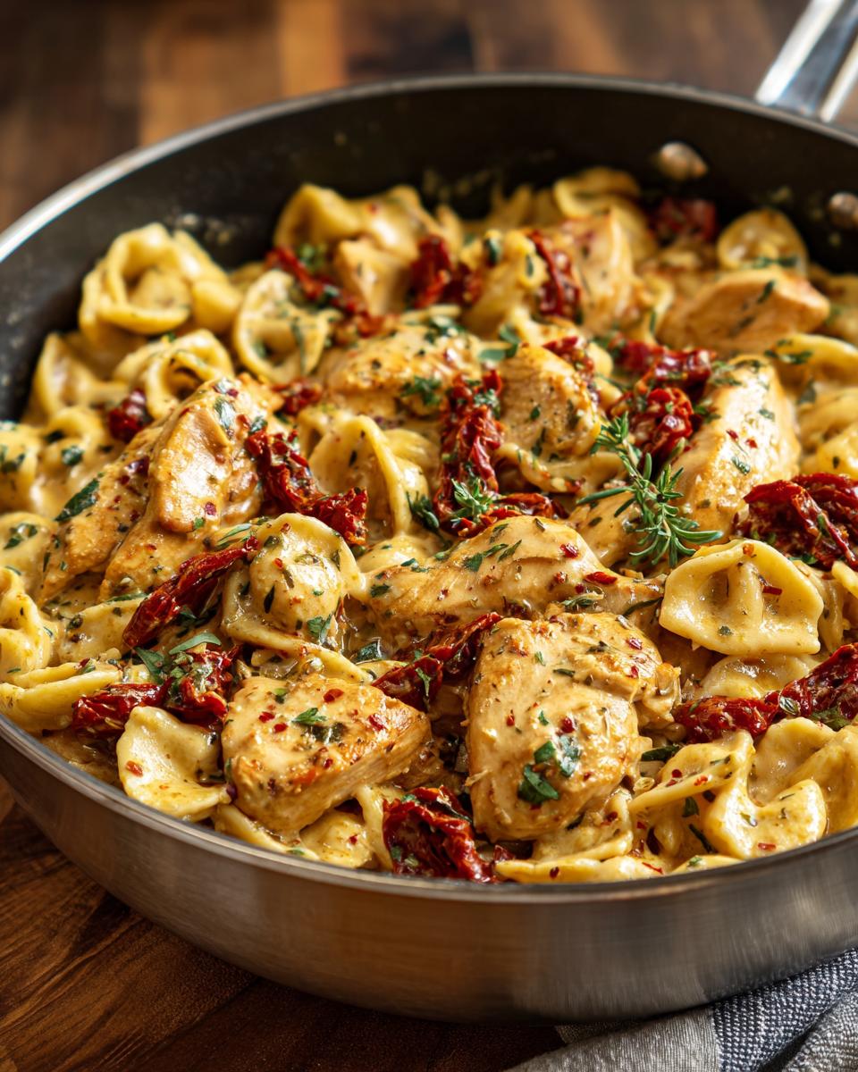 Close-up of Parmesan Marry Me Chicken Pasta with tortellini, chicken pieces, and sun-dried tomatoes in a skillet.