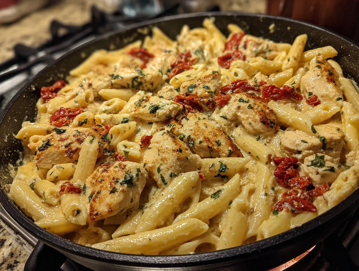 Close-up of creamy Parmesan Marry Me Chicken Pasta with penne, chicken pieces, and sun-dried tomatoes in a skillet.