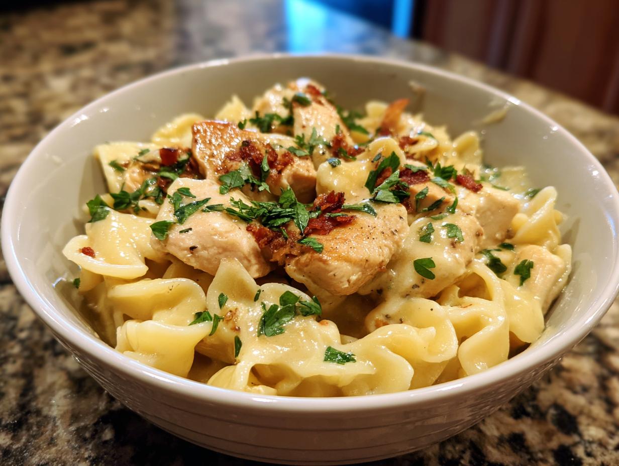 A close-up of Parmesan Marry Me Chicken Pasta with tender chicken pieces, creamy sauce, and fresh parsley.