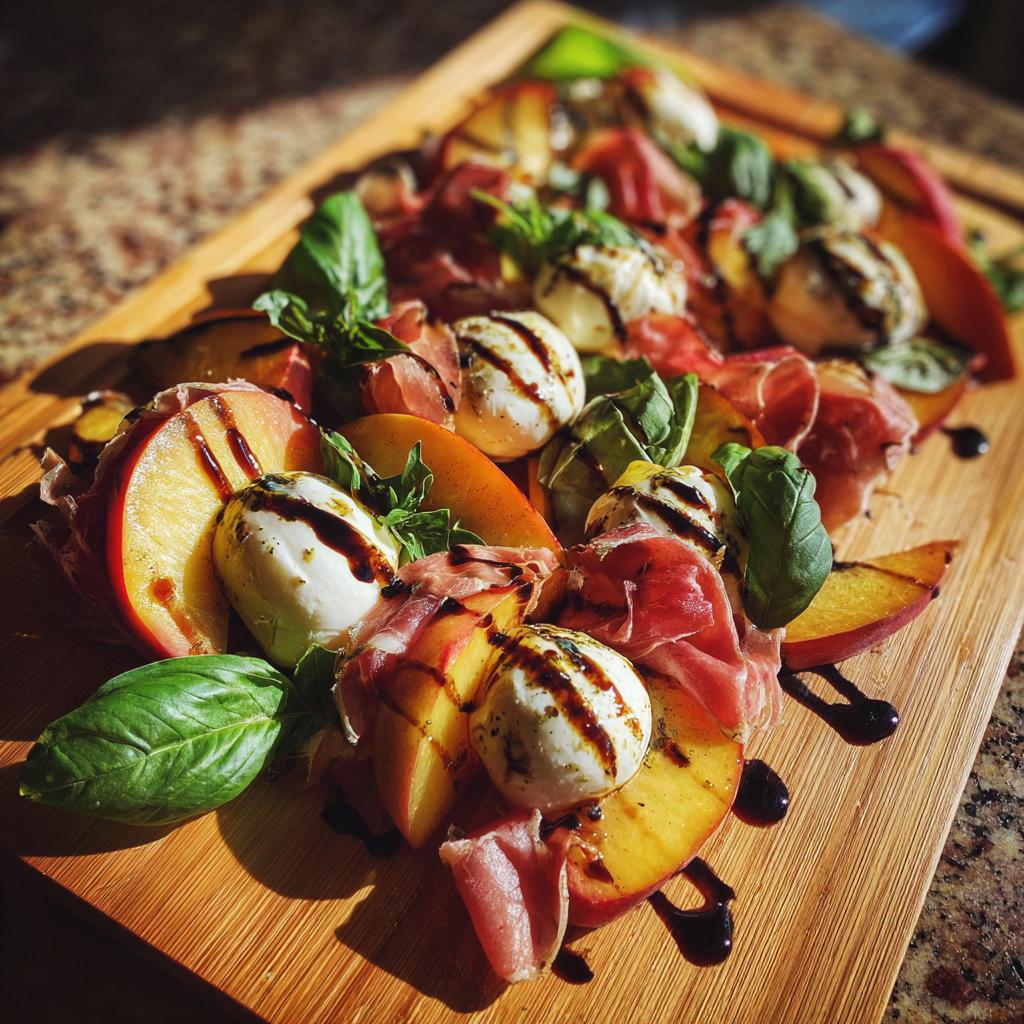 A beautiful summer salad platter featuring sliced peaches, fresh mozzarella balls, prosciutto, and basil, drizzled with balsamic glaze.