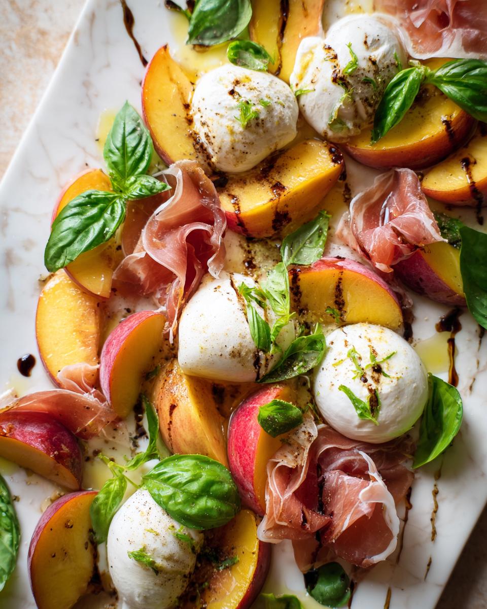 A beautiful summer salad platter featuring slices of fresh peaches, creamy burrata cheese, prosciutto, and fresh basil leaves.