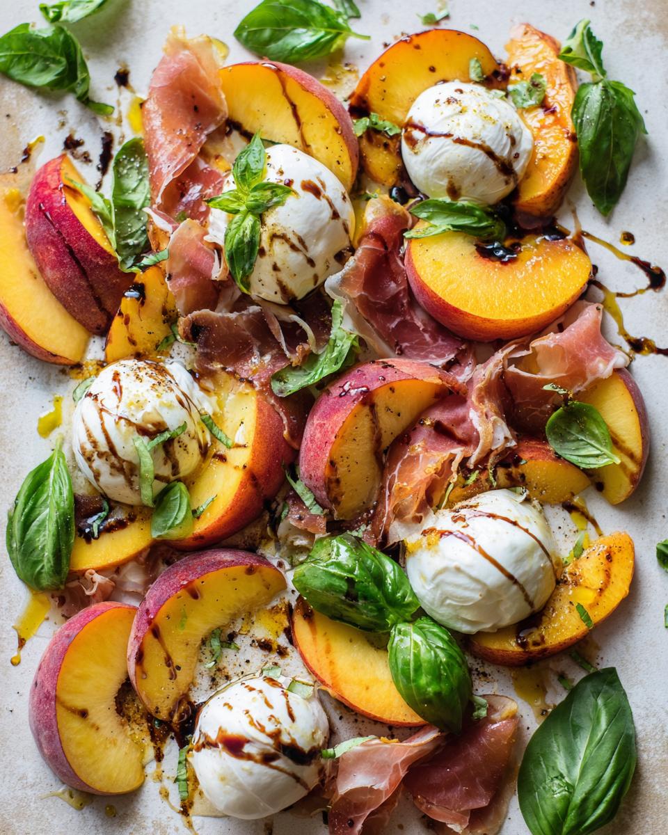 A vibrant summer salad featuring sliced peaches, creamy burrata cheese, prosciutto, and fresh basil leaves, drizzled with balsamic glaze.