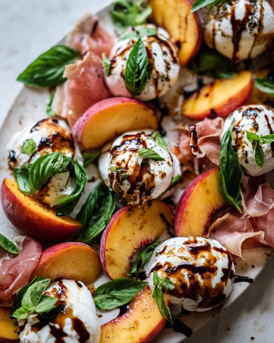 A close-up of a summer salad platter featuring peach burrata, sliced peaches, prosciutto, and fresh basil, drizzled with balsamic glaze.