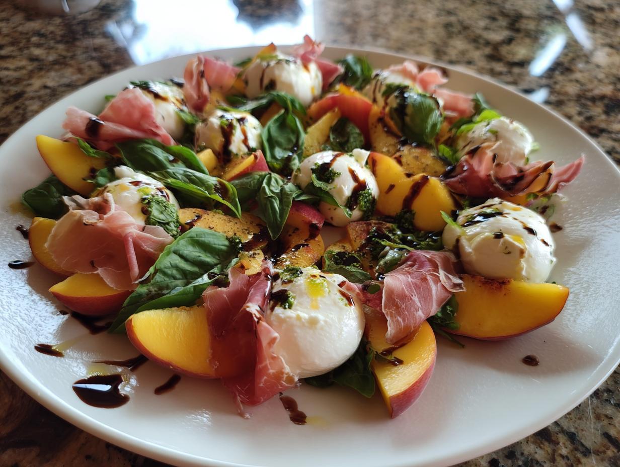 A vibrant summer salad with fresh peaches, creamy burrata cheese, prosciutto, and basil, drizzled with balsamic glaze.
