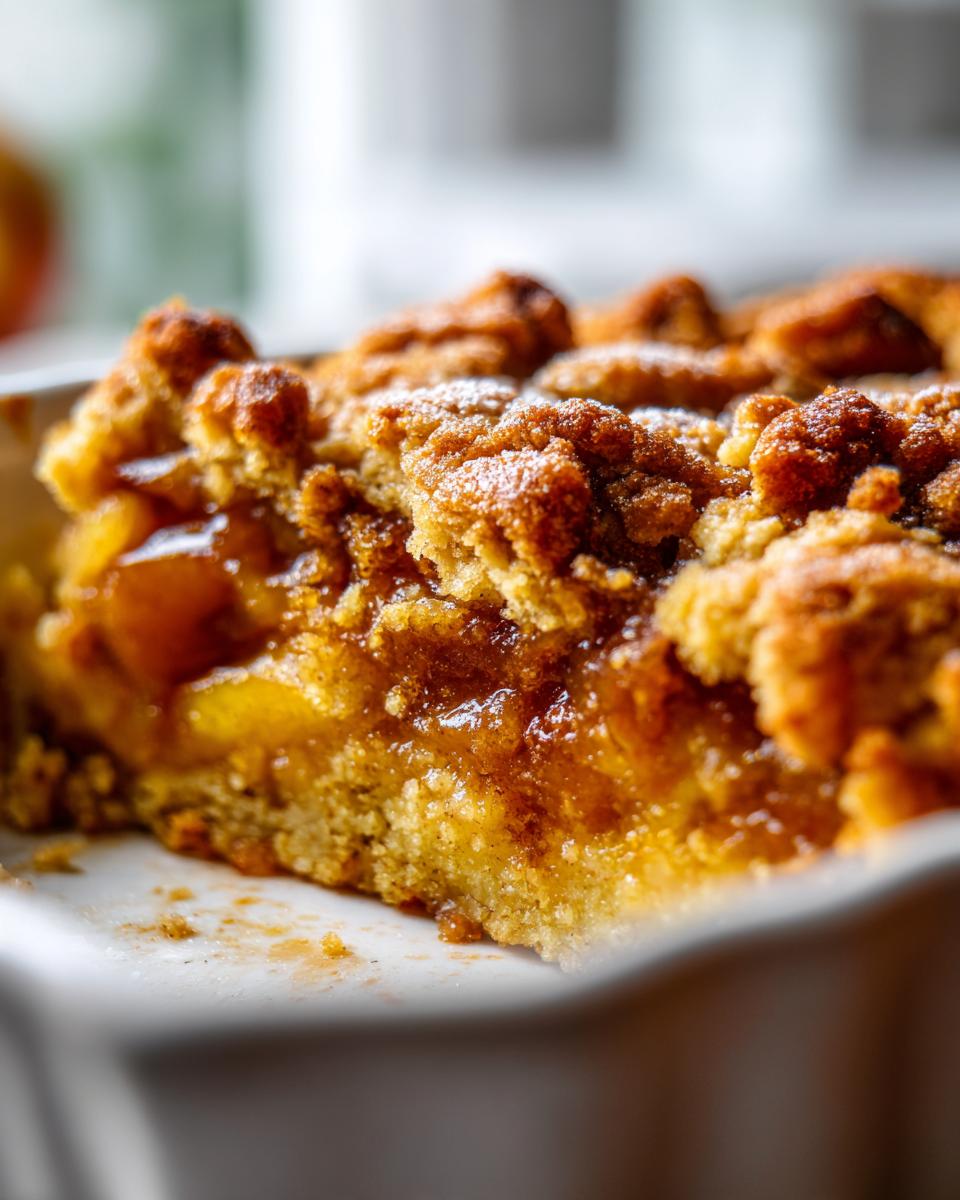 Close-up of a slice of peach cobbler with a brown sugar crumble topping, showcasing juicy peaches and a golden crust.